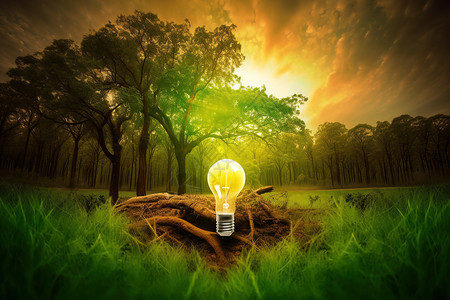 绿色树根创意环保灯泡插画