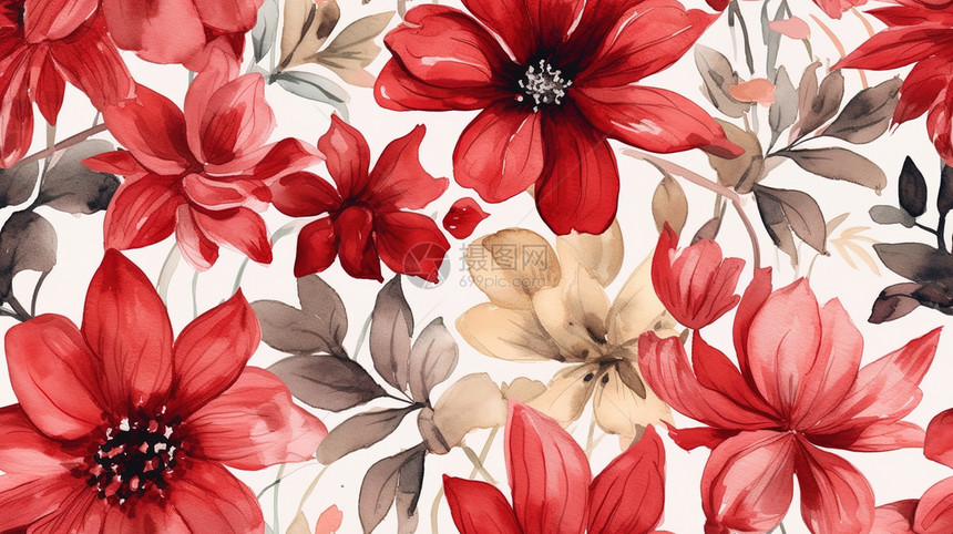 红色水彩花卉图片