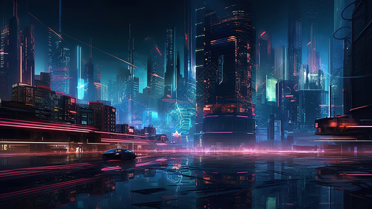大桥夜景未来科技感的城市插画