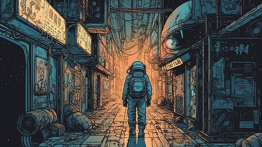 走向科技宇航员走向无人的街头插画