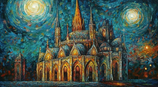 教堂油画绘画背景图片