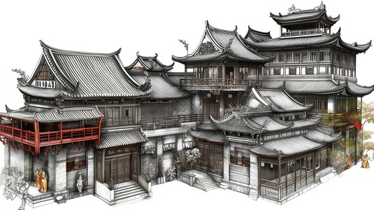 明清传统建筑群古代建筑群插画