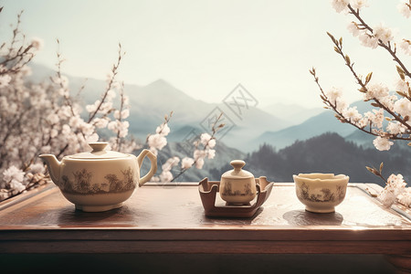 明亮背景下的白色陶瓷茶具插画
