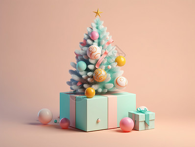 圣诞节树玩具3D圣诞礼物盒模型插画