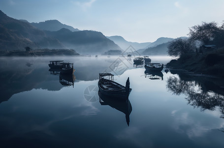 湖面船只图片