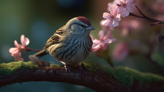 桃树枝上的小鸟背景