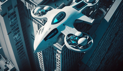 在城市中飞行的无人机俯视图背景图片