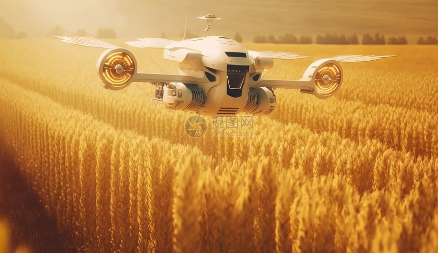 阳光下无人机飞行在金黄色的麦子地上空图片