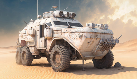 在沙漠中行驶的科幻吉普车图片
