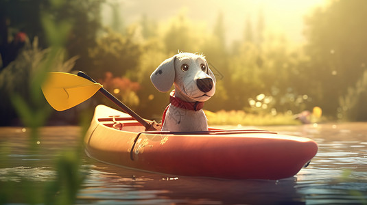 坐在皮划艇里的狗背景图片