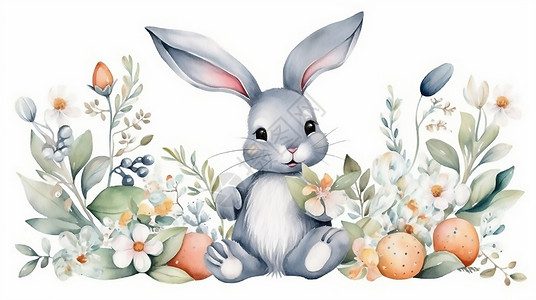 手绘水彩彩蛋和兔子水彩花束兔子插画