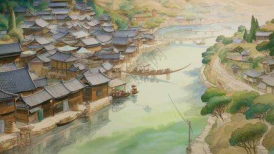 河流穿过中国古代城镇高清图片