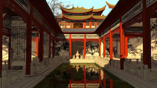 中式礼堂中国古代插画