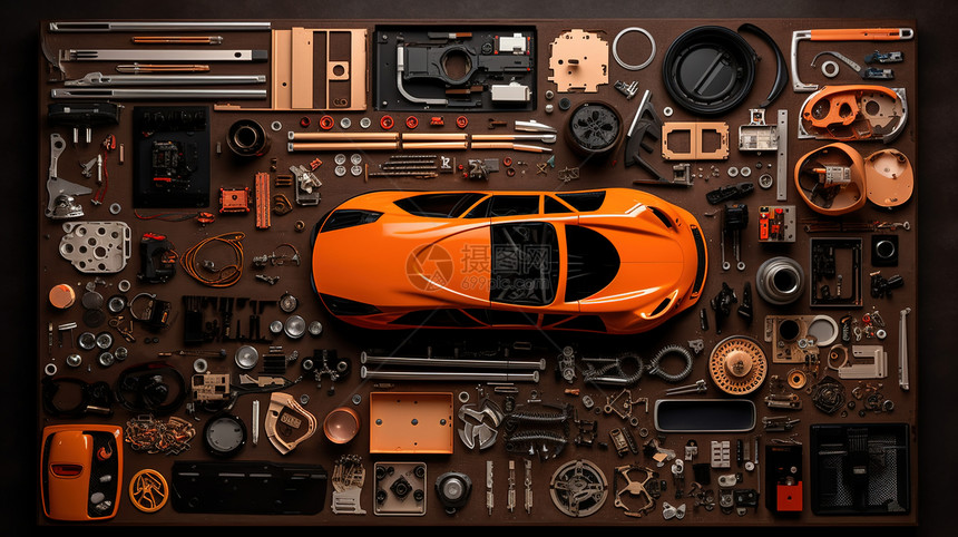 橙色汽车分解排列图片