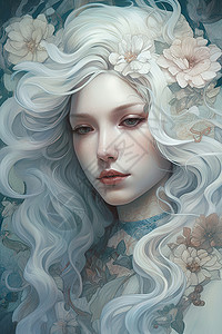 围绕着白色花朵的白发美女背景图片