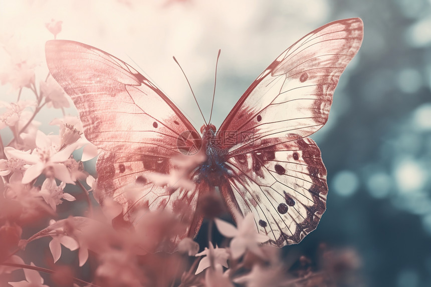 粉色花丛里张着翅膀的蝴蝶图片