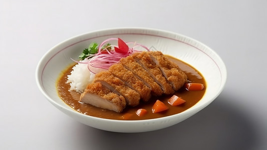 盘子里美味的咖喱猪排饭高清图片