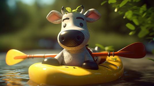 奶牛可爱玩具划着皮划艇的小牛插画