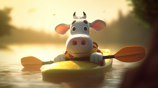 奶牛可爱玩具划着皮划艇的可爱小牛插画