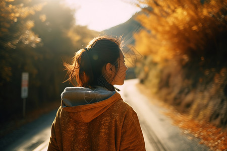 年轻女子在路上散步背景图片