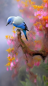 蓝色小鸟站在粉色树枝上背景图片