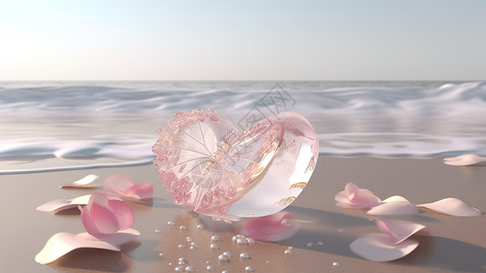 海滩珍珠海边的心形水晶插画