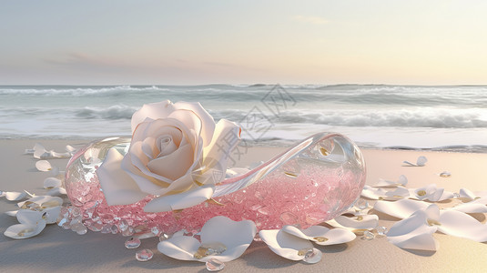 海滩珍珠海边的花朵插画