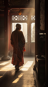 清晨在寺庙行走的僧人图片