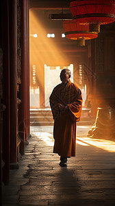 阳光下在寺庙行走的僧人图片