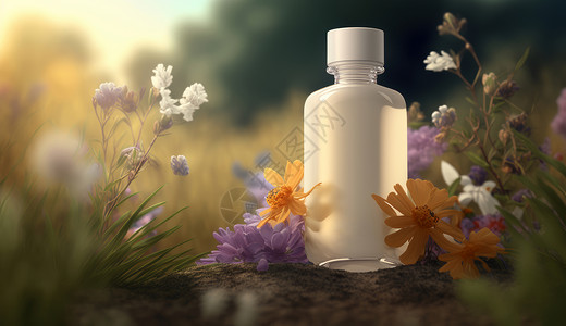 在鲜花与植物中间的护肤品瓶艺术高清图片素材