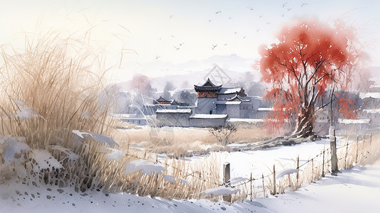 秋天水墨水彩中国风景场景图片