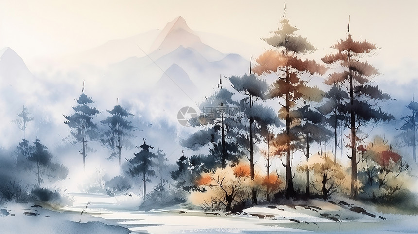 水墨水彩冬天雪景图片