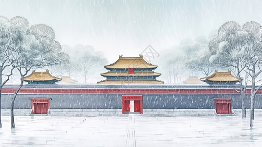 故宫紫禁城水彩水墨冬天古建筑雪景中国风景插画