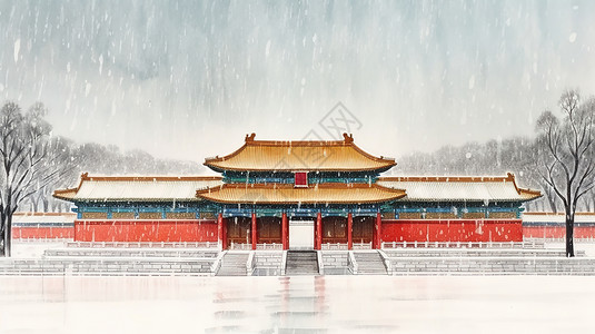 紫禁城雪景水彩水墨古建筑雪景中国风景插画