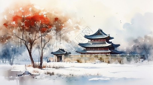 古画建筑水彩水墨雪景中国风古建筑插画