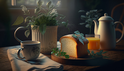 桌子上的面包与咖啡杯图片