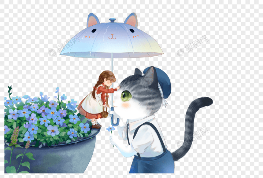 小女孩撑伞的猫图片