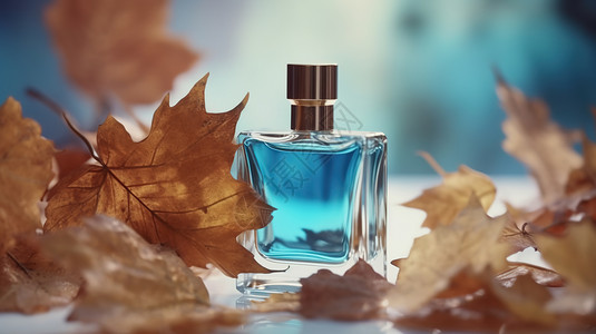 枫叶和透明香水瓶自然高清图片素材