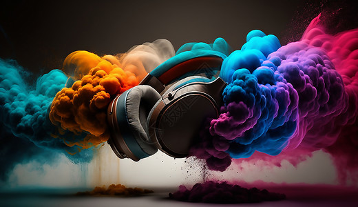 彩色气体烟雾环绕的耳机插画