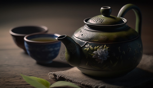 日式茶壶茶壶和茶杯插画