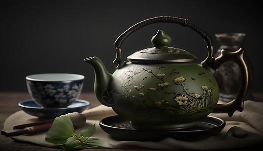 日式风格背景日式风格的茶壶和茶杯插画