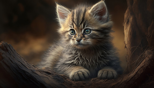趴在垫蒲上的猫趴在树干上的棕色小猫插画