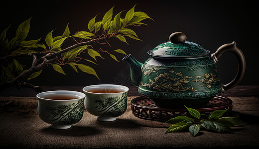 新鲜茶中国古韵茶壶与茶道插画