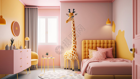 粉色房间温馨的设计长颈鹿主题插画