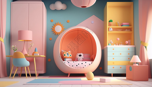 儿童家具凳子可爱的粉色儿童卧室插画
