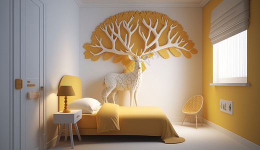 淡黄色小鹿主题儿童卧室设计背景图片