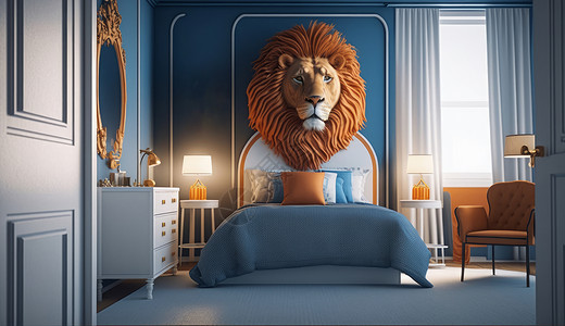 狮子蓝色主题儿童卧室图片