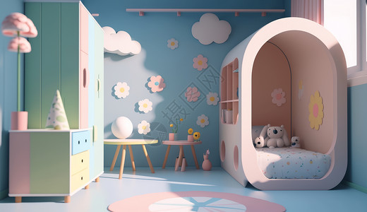 儿童房设计儿童卧室淡蓝色与淡粉色撞色设计插画