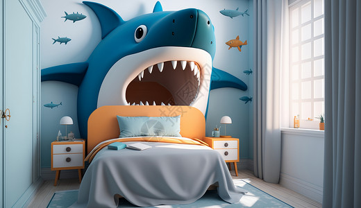 蓝色鲨鱼主题儿童房间背景图片