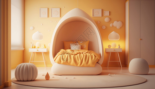儿童房设计淡黄色简约风儿童卧室设计插画